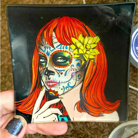 DAY OF THE DEAD GLASS GIRL Sugar Skull Jewelry Trinket DISH PLATE KA 267 - Picture 1 of 4